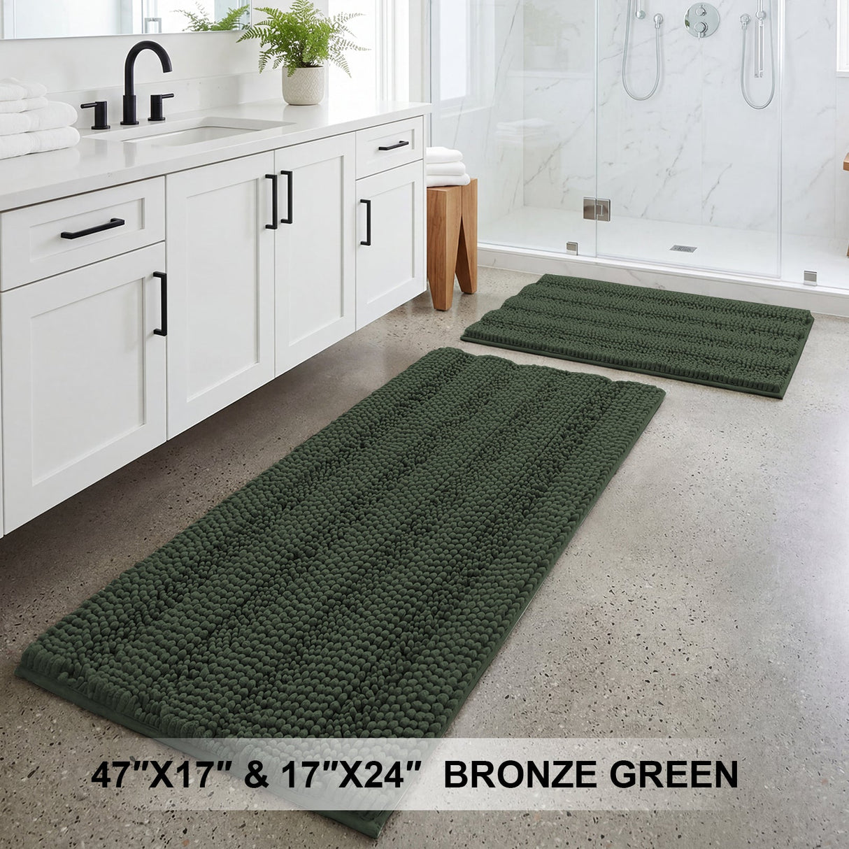 H.Versailtex 2 Pieces  Extra Thick Chenille Striped Pattern Shaggy Bath Rugs Include 1 Rectangle and 1 Toilet Rug