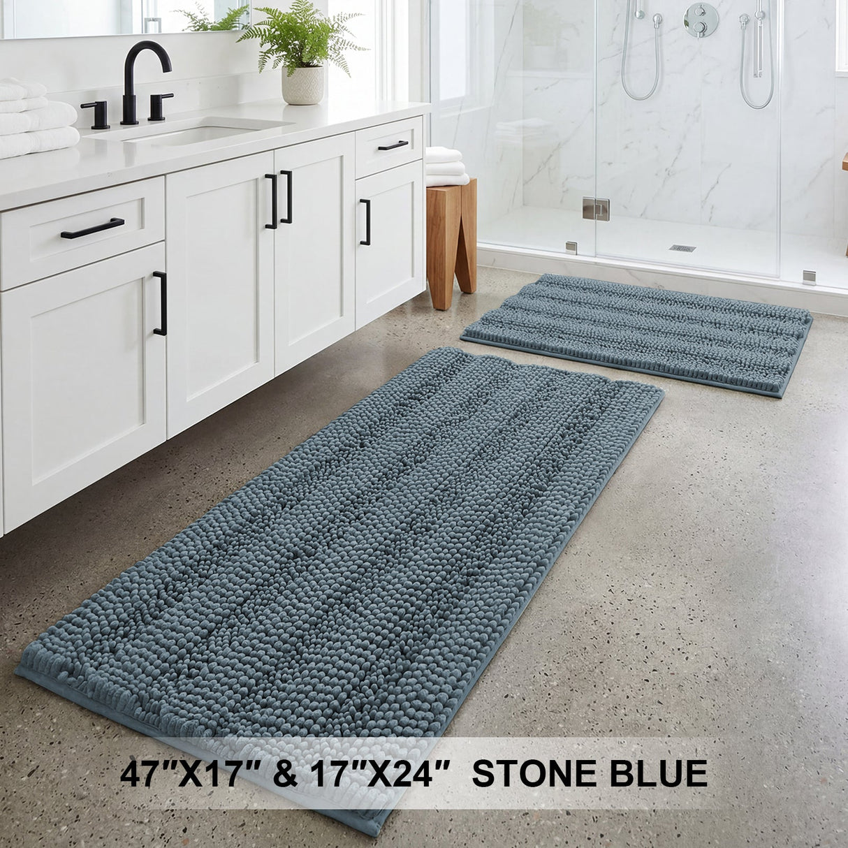 H.Versailtex 2 Pieces  Extra Thick Chenille Striped Pattern Shaggy Bath Rugs Include 1 Rectangle and 1 Toilet Rug