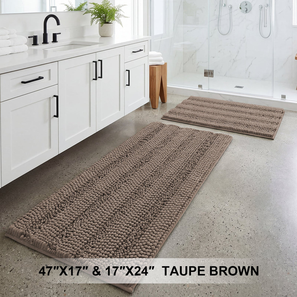 H.Versailtex 2 Pieces  Extra Thick Chenille Striped Pattern Shaggy Bath Rugs Include 1 Rectangle and 1 Toilet Rug