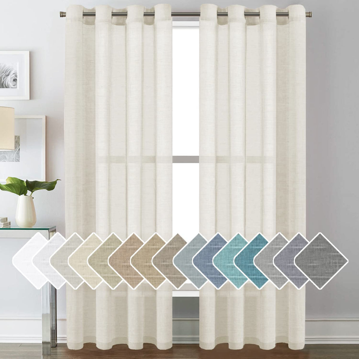 PrimeBeau Faux Linen Grommet Sheer Curtains - Set of 2 Panels 52 Series Long