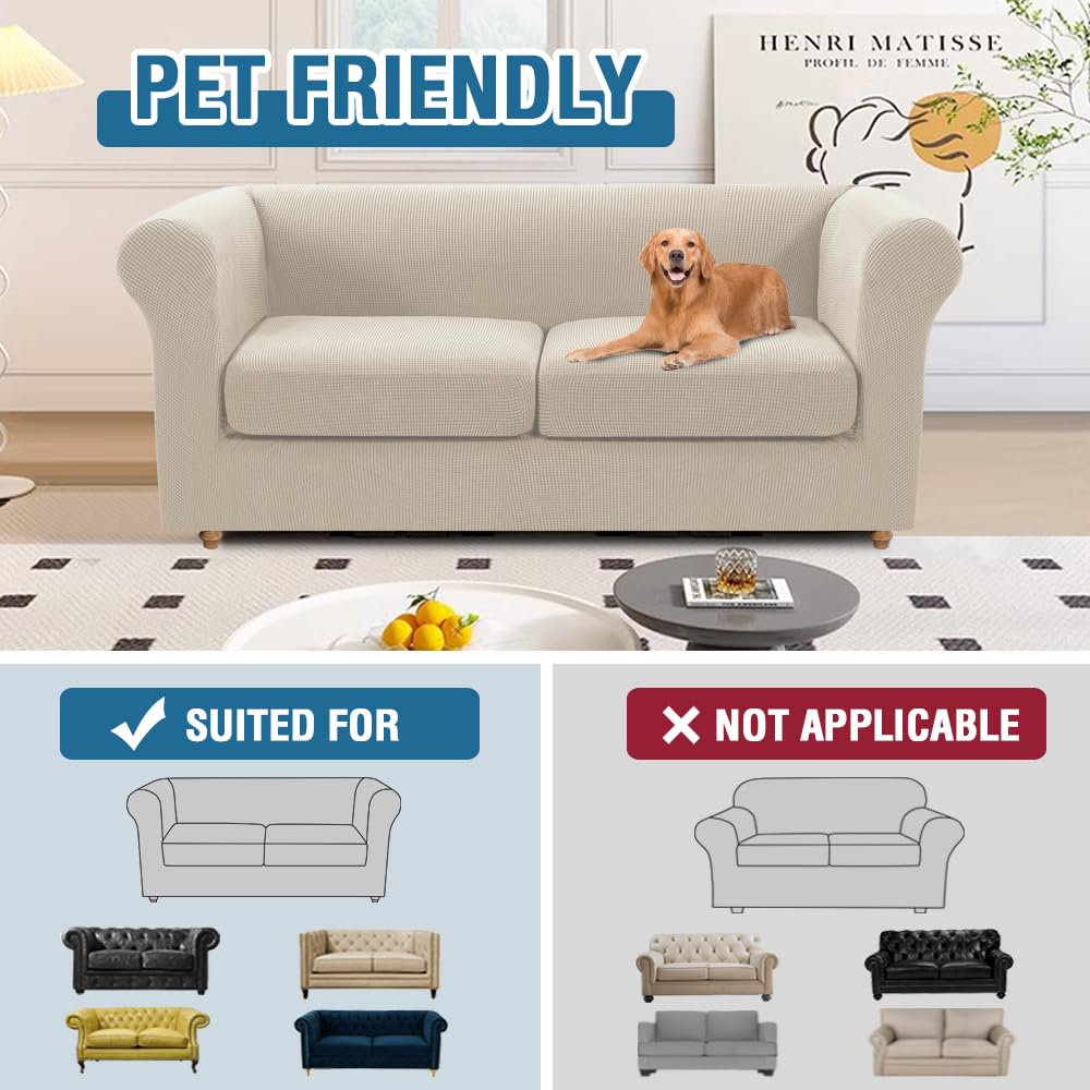 PrimeBeau 3 Pieces Chesterfield Loveseat & Oversized Loveseat Covers Stretch Slip Covers, Mid Century Deep Seat Couch Cover Fit Width Up to 70"-88", Thicker Jacquard Fabric (1 base cover and 2 individual cushion covers)