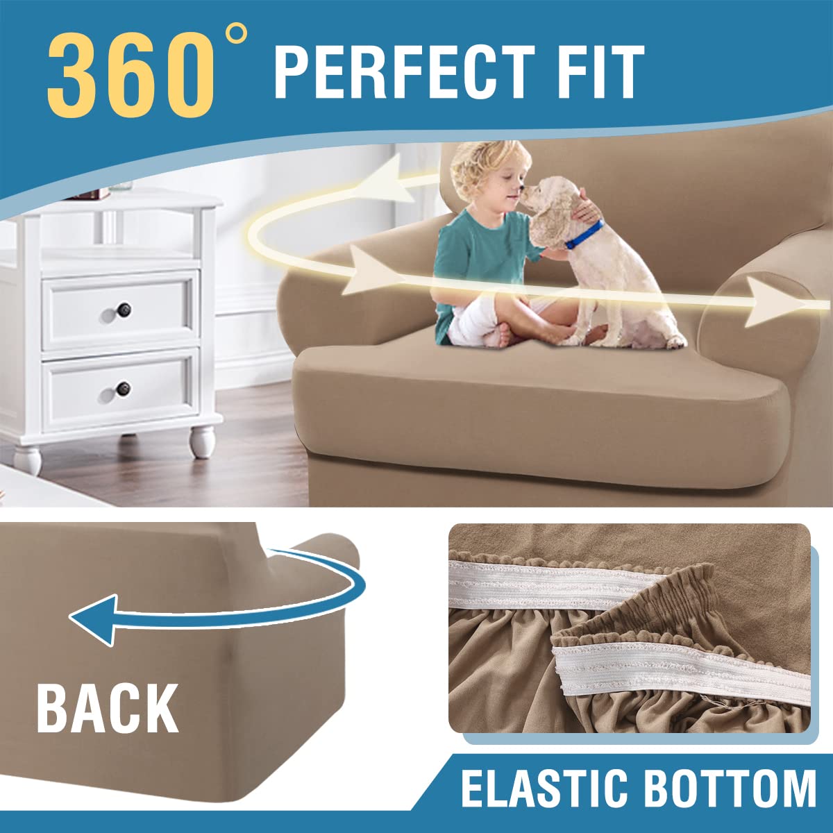 PrimeBeau 2 Pieces T Cushion Sofa Slipcovers Couch Cover for 1 Cushion Couch Non Slip Super Stretch Soft Washable Furniture Protector with 1 Individual T Cushion Cover
