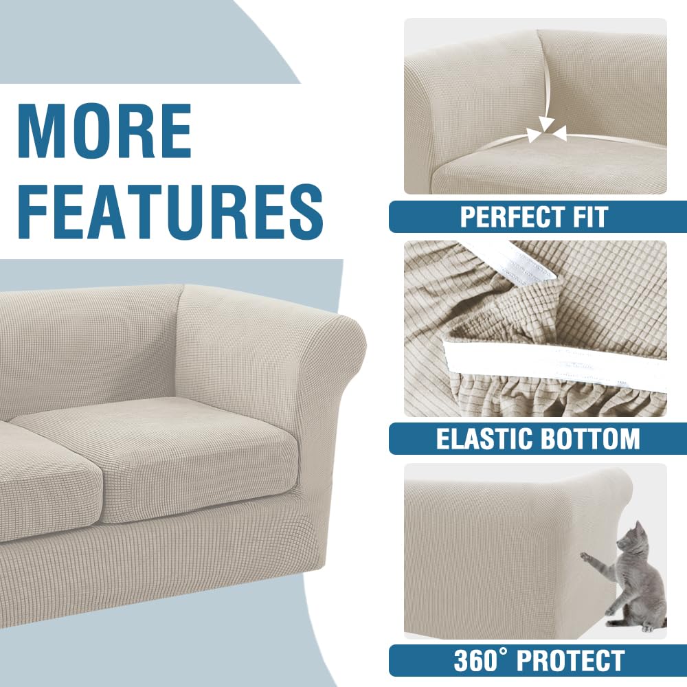 PrimeBeau 3 Pieces Chesterfield Loveseat & Oversized Loveseat Covers Stretch Slip Covers, Mid Century Deep Seat Couch Cover Fit Width Up to 70"-88", Thicker Jacquard Fabric (1 base cover and 2 individual cushion covers)