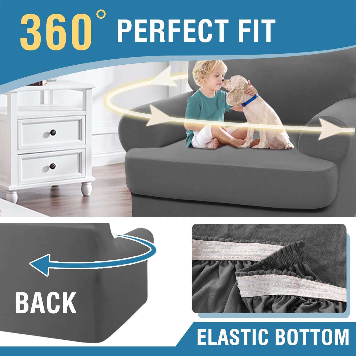 PrimeBeau 2 Pieces T Cushion Sofa Slipcovers Couch Cover for 1 Cushion Couch Non Slip Super Stretch Soft Washable Furniture Protector with 1 Individual T Cushion Cover