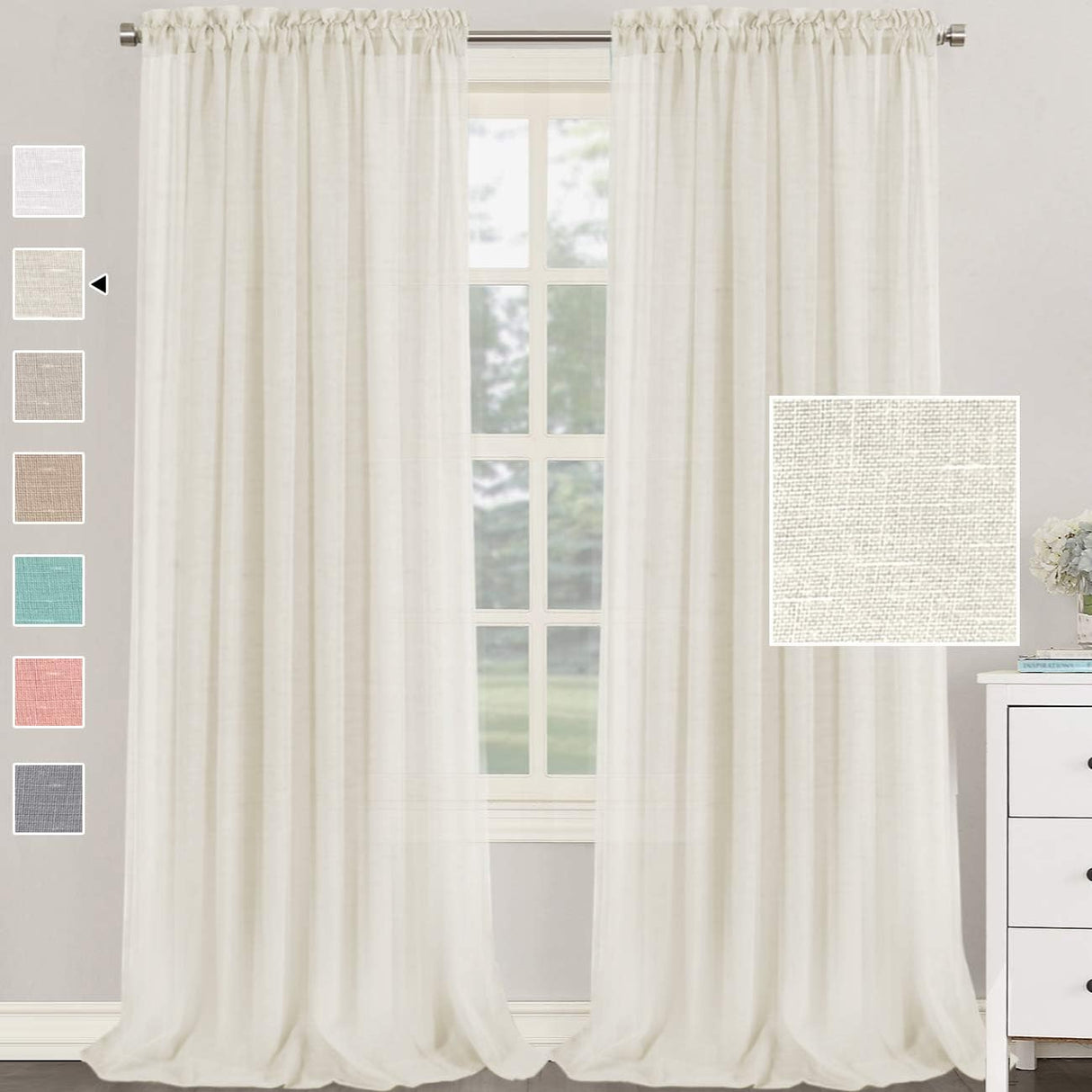 H.Versailtex Natural Linen Blended Curtains 63 Inches Length 2 Panels Textured Woven Linen Sheer Curtain Drapes for Living Room/Bedroom Light Filtering Rod Pocket Casual Draperies - Linen