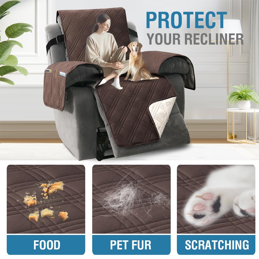 H.VERSAILTEX 100% Waterproof Oversized Recliner Cover 1-Piece Reversible Recliner Covers for Large Recliner with Elastic Straps Sitting Width Up to 28" (Oversized Recliner, Brown/Beige)