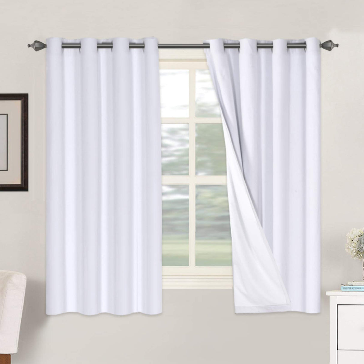 Linen Blackout Curtains 63 Inches Long 100% Absolutely Blackout Thermal Insulated Textured Linen Look Curtain Draperies Anti-Rust Grommet, Energy Saving with White Liner, 2 Panels, Bright White