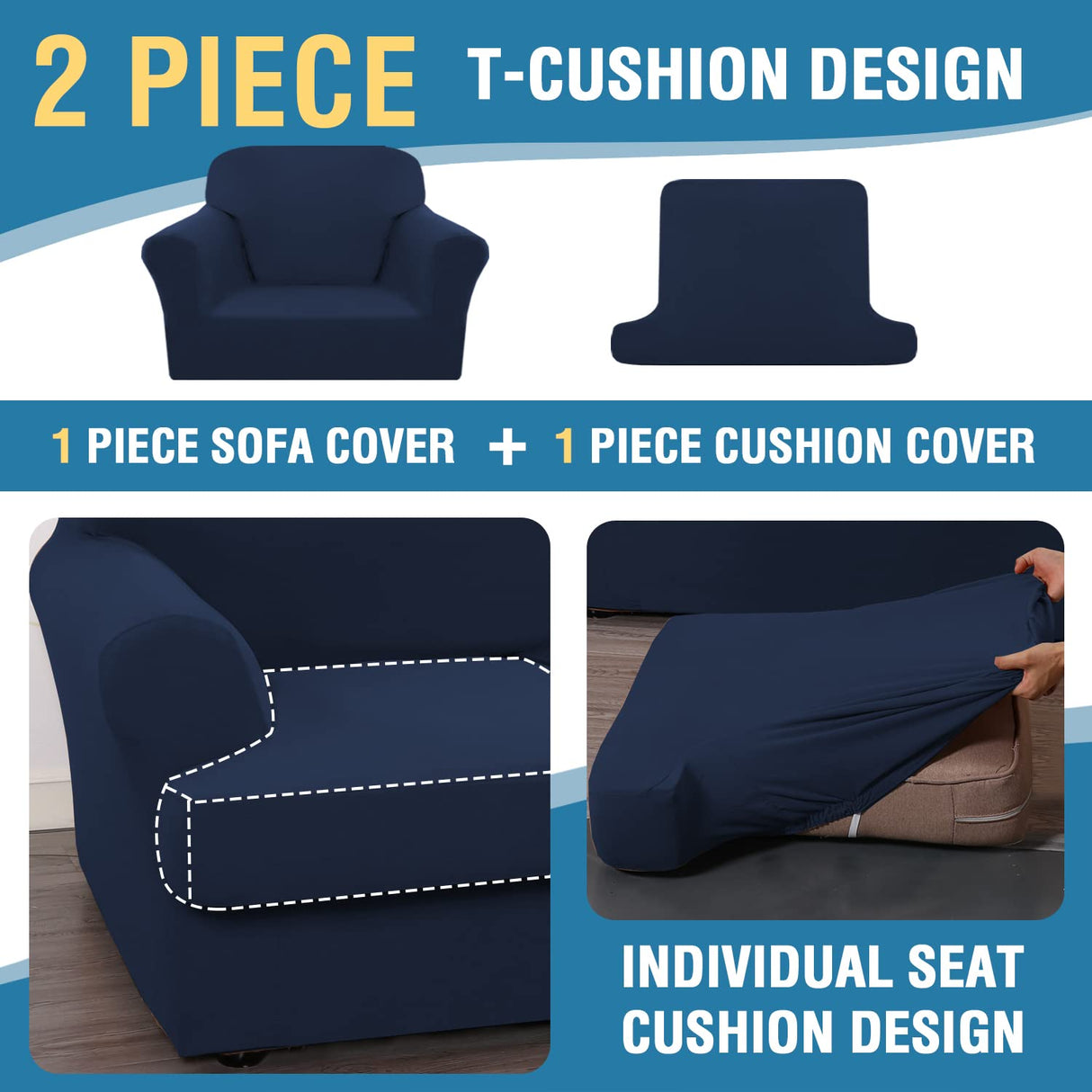 PrimeBeau 2 Pieces T Cushion Sofa Slipcovers Couch Cover for 1 Cushion Couch Non Slip Super Stretch Soft Washable Furniture Protector with 1 Individual T Cushion Cover