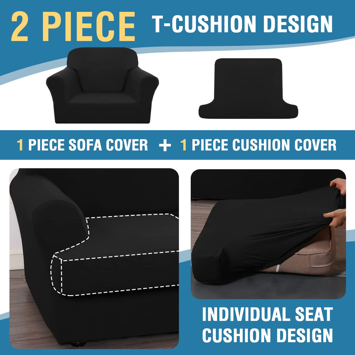PrimeBeau 2 Pieces T Cushion Sofa Slipcovers Couch Cover for 1 Cushion Couch Non Slip Super Stretch Soft Washable Furniture Protector with 1 Individual T Cushion Cover