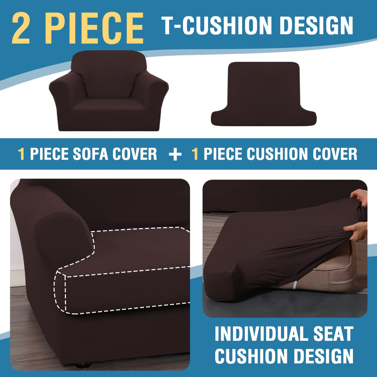 PrimeBeau 2 Pieces T Cushion Sofa Slipcovers Couch Cover for 1 Cushion Couch Non Slip Super Stretch Soft Washable Furniture Protector with 1 Individual T Cushion Cover