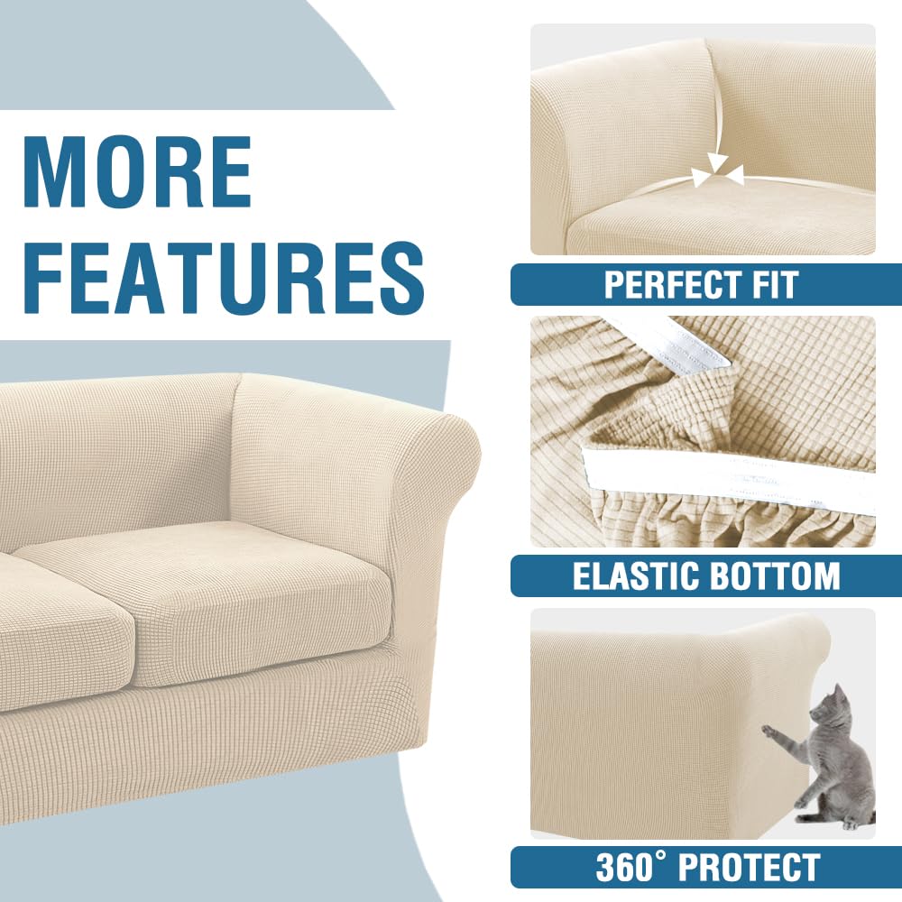 PrimeBeau 3 Pieces Chesterfield Loveseat & Oversized Loveseat Covers Stretch Slip Covers, Mid Century Deep Seat Couch Cover Fit Width Up to 70"-88", Thicker Jacquard Fabric (1 base cover and 2 individual cushion covers)