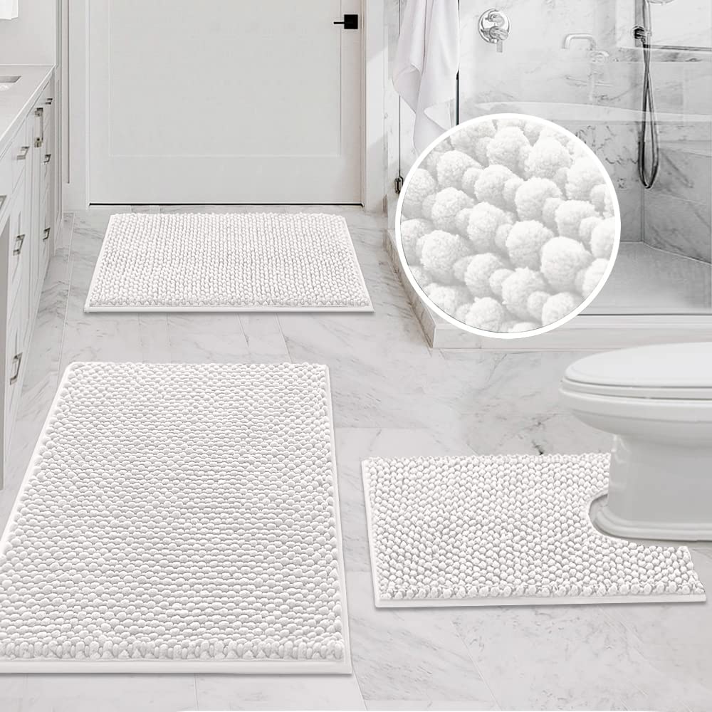 PrimeBeau 3-Piece Aqua Foam Bathroom Rugs Set | Non-Slip, Extra Absorbent Bath Mats for Tub & Shower | Soft Chenille, Vibrant Decor & Easy Care | 17''x24''+20''x32''+20''x24'' U-Shaped