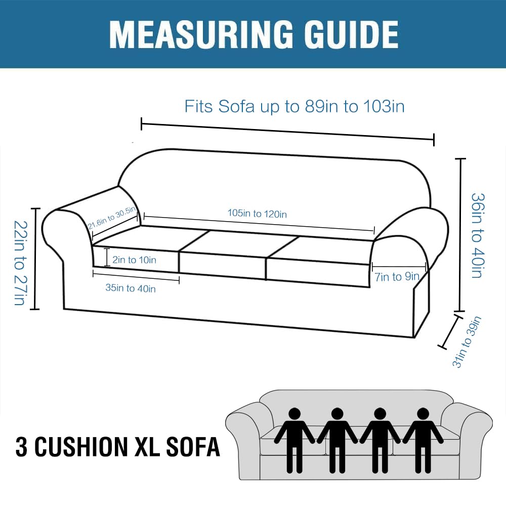 H.VERSAILTEX 4 Piece Stretch Sofa Covers for 3 Cushion Couch Covers for Living Room Furniture Slipcovers (Base Cover Plus 3 Seat Cushion Covers) Upgraded Thicker Jacquard Fabric (XL Sofa, Black)