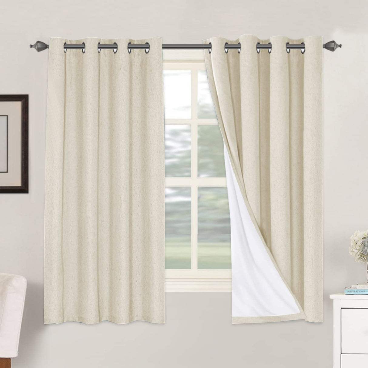 H.VERSAILTEX 100% Blackout Curtains for Bedroom Thermal Insulated Linen Textured Curtains Heat and Full Light Blocking Drapes Living Room Curtains 2 Panel Sets, Bleached Sand, 52x63 Inch