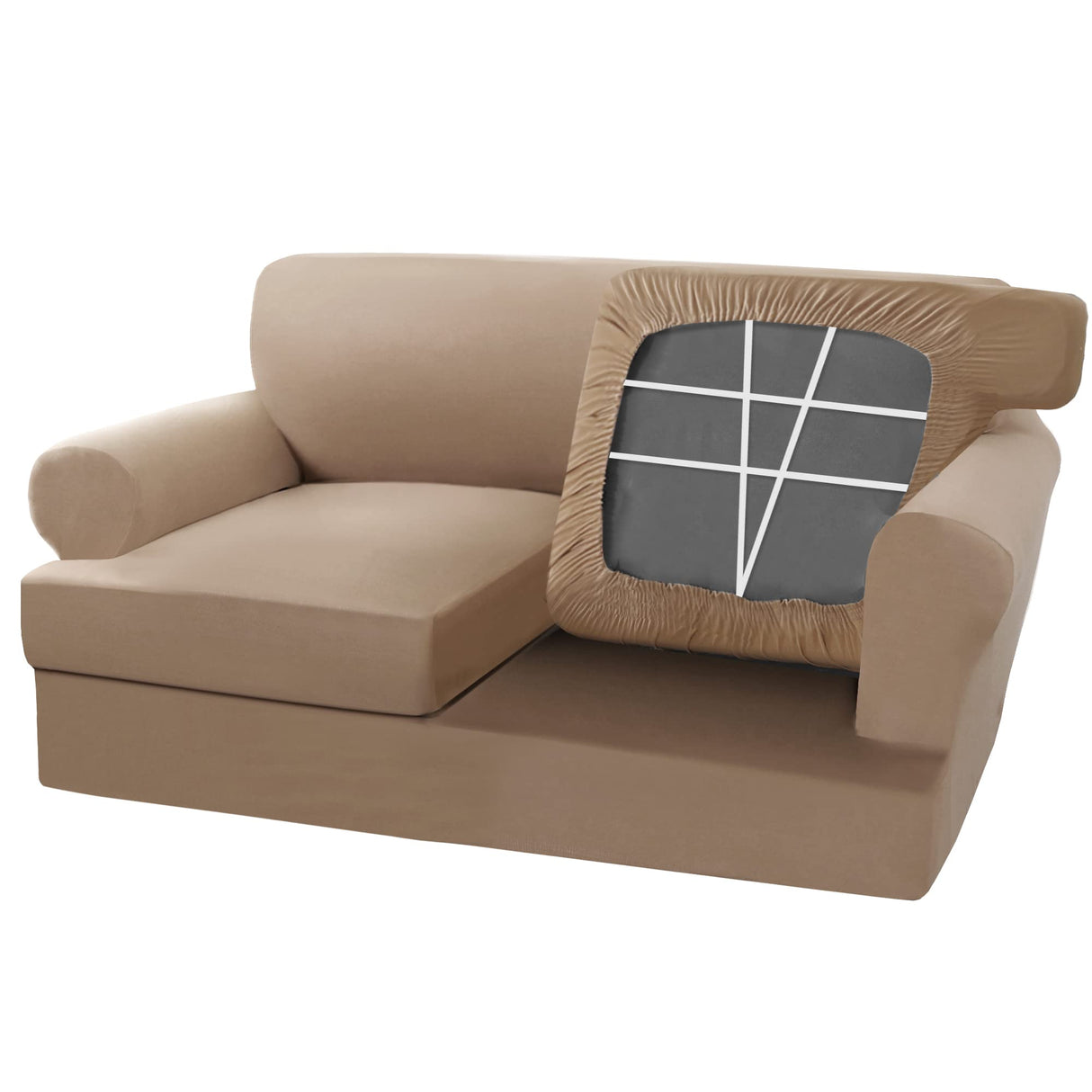 PrimeBeau 3 Pieces T Cushion Loveseat Slipcovers Couch Cover for 2 Cushion Couch Non Slip Super Stretch Soft Washable Furniture Protector with 2 Individual T Cushion Covers