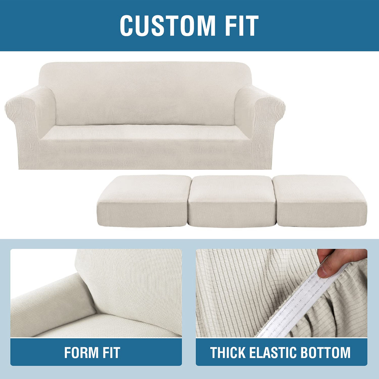 H.VERSAILTEX 4 Piece Stretch Couch Covers for 3 Cushion Couch Sofa Furniture Slipcovers Feature Upgraded Thicker Jacquard Fabric (Sofa, Ivory)