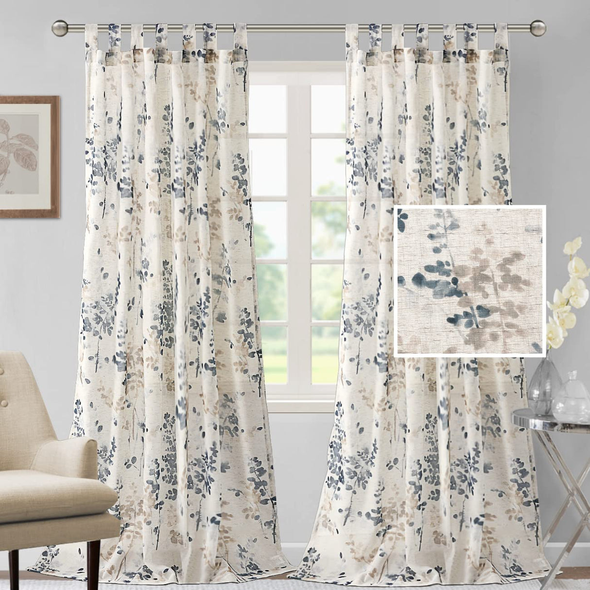 PrimeBeau Linen Sheer Tab Top Curtains Vintage Floral Print, 2 Panels