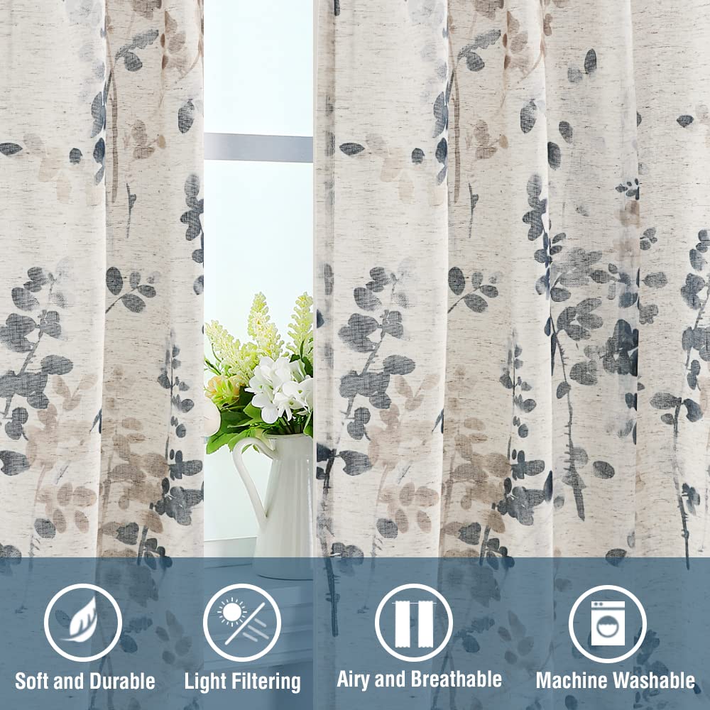 PrimeBeau Linen Sheer Tab Top Curtains Vintage Floral Print, 2 Panels