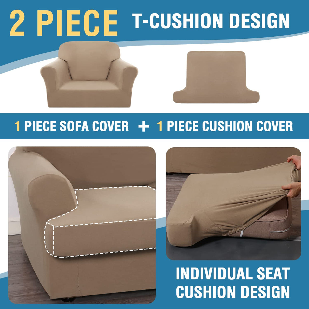 PrimeBeau 2 Pieces T Cushion Sofa Slipcovers Couch Cover for 1 Cushion Couch Non Slip Super Stretch Soft Washable Furniture Protector with 1 Individual T Cushion Cover