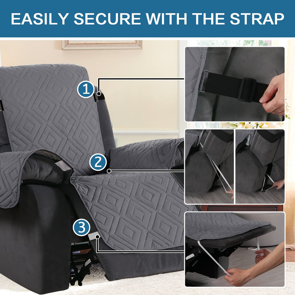 H.VERSAILTEX Reversible Quilted Recliner Covers Water Resistant Furniture Protector for Reclienr Chair with Elastic Straps for Pets Kids Sitting Width Up to 22"(Recliner, Gray/Beige)