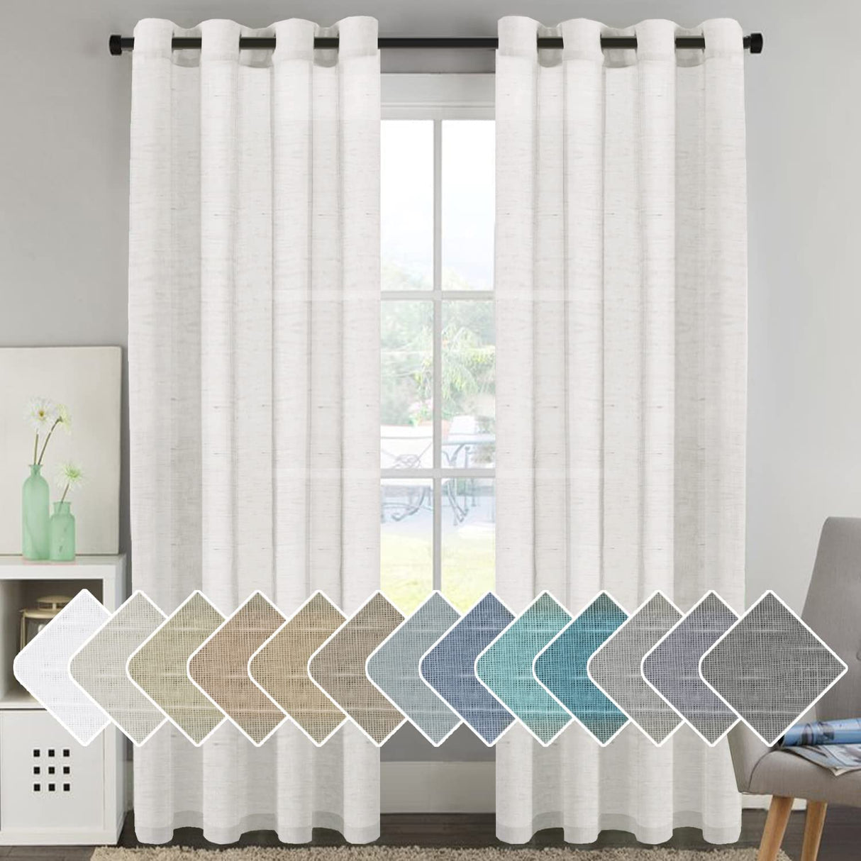PrimeBeau Faux Linen Grommet Sheer Curtains - Set of 2 Panels 52 Series Long