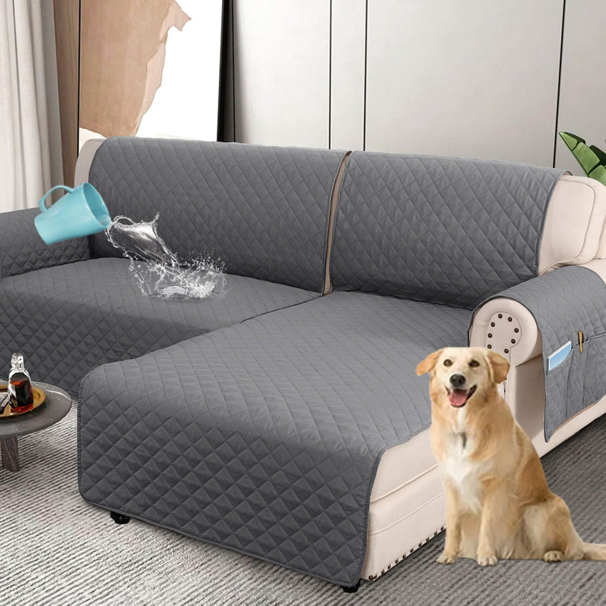 PrimeBeau 100% Waterproof Sectional Couch Covers 2-Piece Couch Cover L Shape Sofa Covers Washable for Dogs Non Slip (Loveseat）