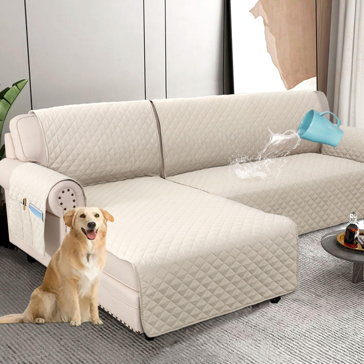 PrimeBeau 100% Waterproof Sectional Couch Covers 2-Piece Couch Cover L Shape Sofa Covers Washable for Dogs Non Slip (Loveseat）