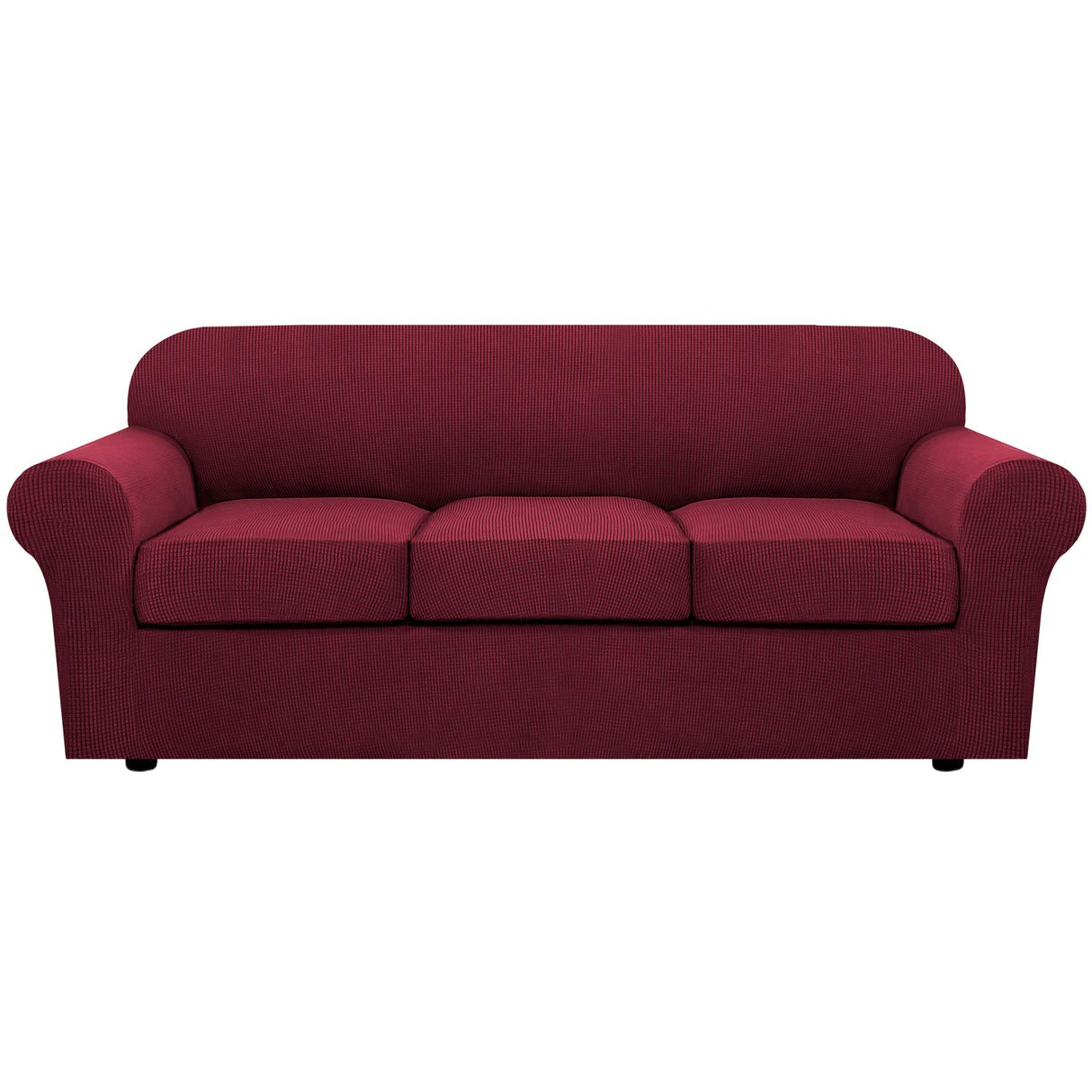 H.VERSAILTEX 4 Piece Stretch Sofa Covers for 3 Cushion Couch Covers for Living Room Furniture Slipcovers (Base Cover Plus 3 Seat Cushion Covers) Upgraded Thicker Jacquard Fabric (Sofa, Burgundy)
