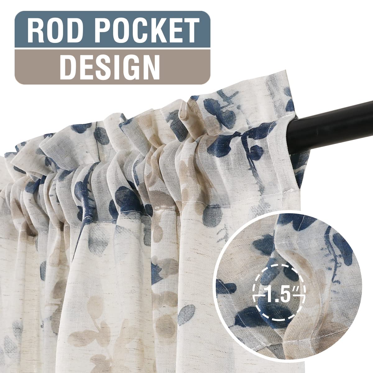 PrimeBeau Linen Sheer Rod Pocket Curtains Vintage Floral Printing, 2 Panels