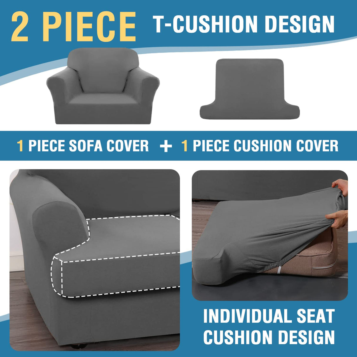 PrimeBeau 2 Pieces T Cushion Sofa Slipcovers Couch Cover for 1 Cushion Couch Non Slip Super Stretch Soft Washable Furniture Protector with 1 Individual T Cushion Cover