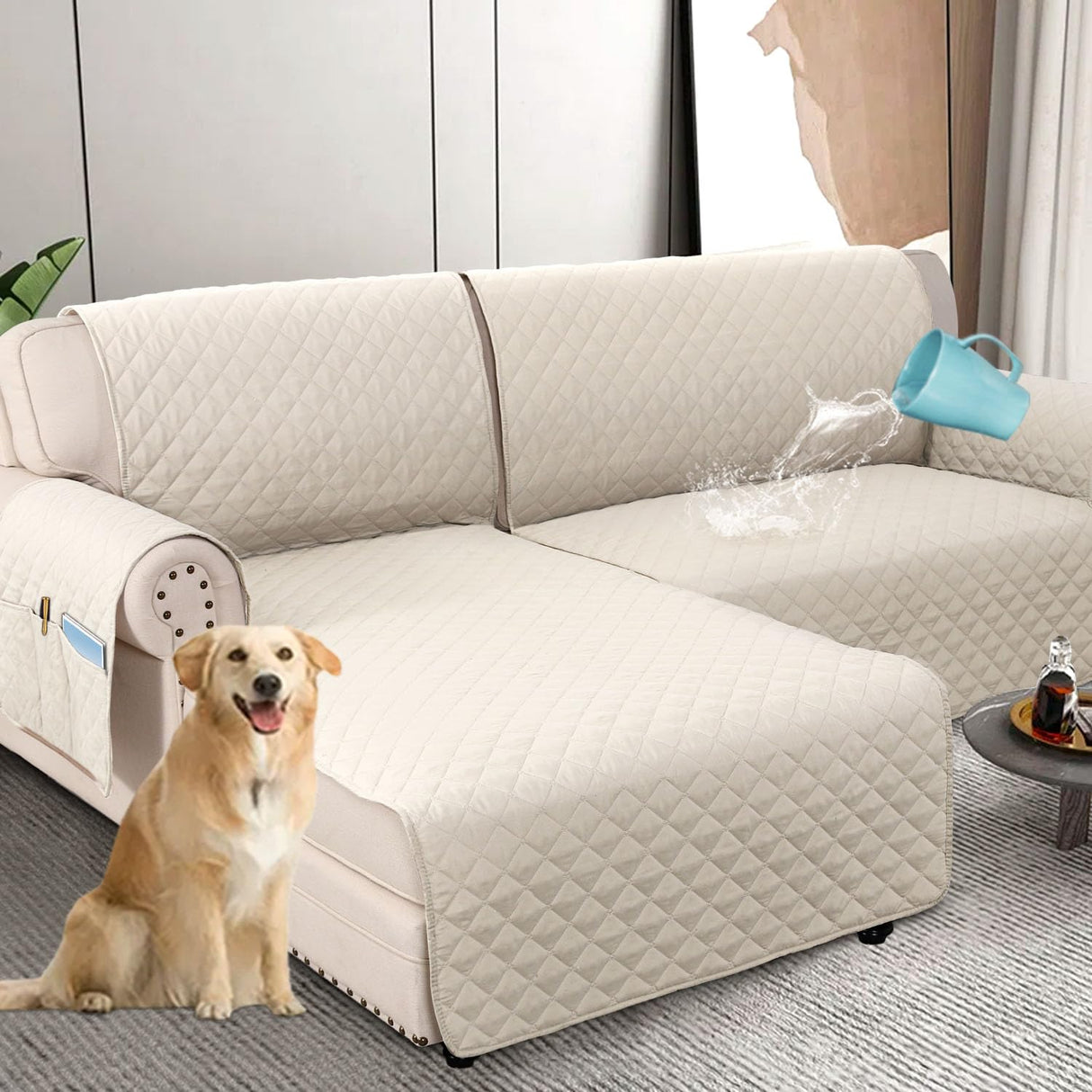 PrimeBeau 100% Waterproof Sectional Couch Covers 2-Piece Couch Cover L Shape Sofa Covers Washable for Dogs Non Slip (Loveseat）