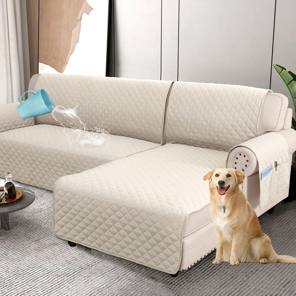 PrimeBeau 100% Waterproof Sectional Couch Covers 2-Piece Couch Cover L Shape Sofa Covers Washable for Dogs Non Slip (Loveseat）