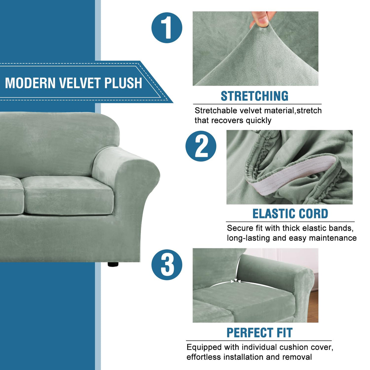 PrimeBeau Real Velvet Plush 3 Piece Stretch Sofa Covers Couch Covers for 2 Cushion Couch Loveseat Covers