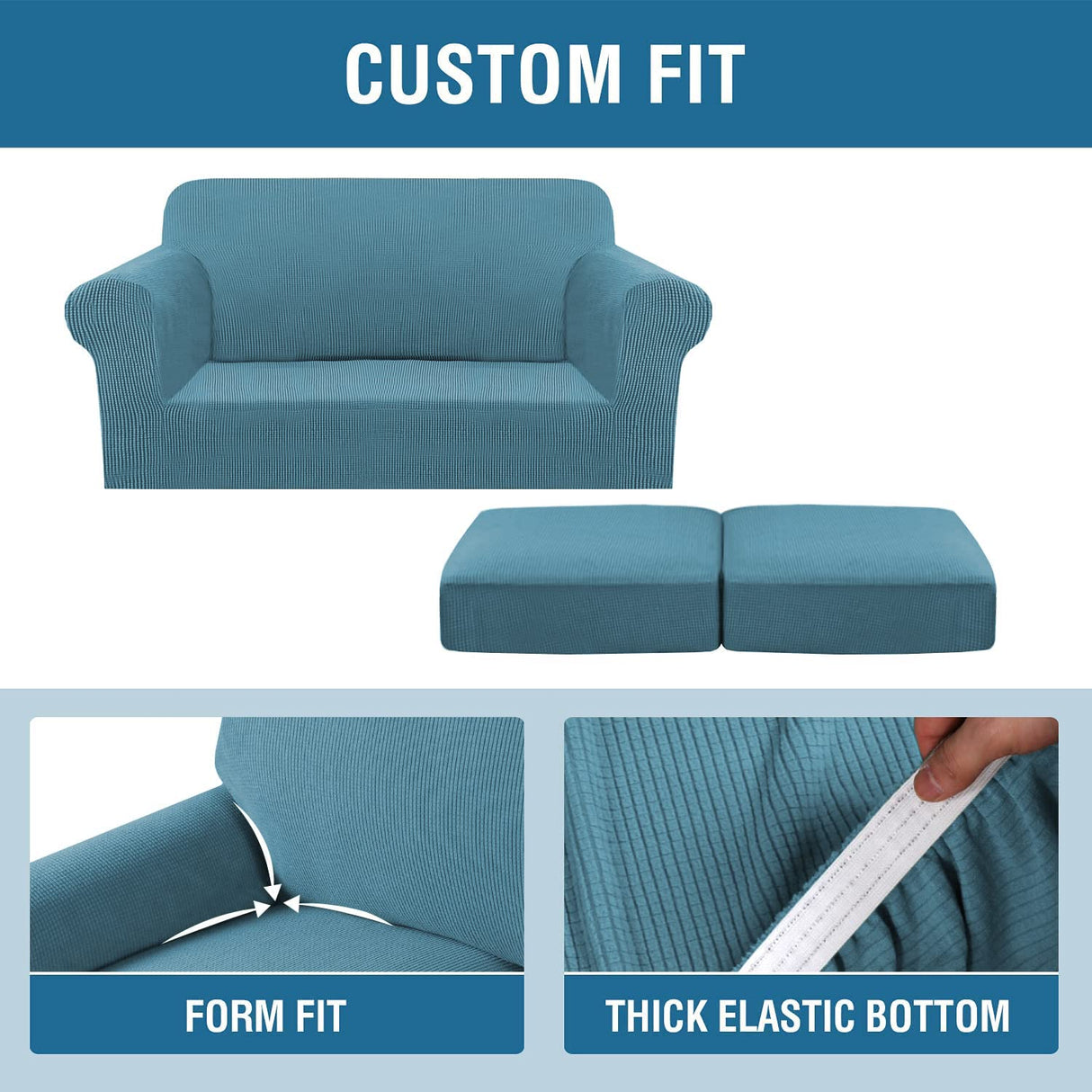 H.VERSAILTEX 3 Piece Stretch Sofa Covers for 2 Cushion Loveseat Couch Covers for Living Room Furniture Cover (Base Cover Plus 2 Seat Cushion Covers) Thicker Jacquard Fabric(Medium, Storm Blue)