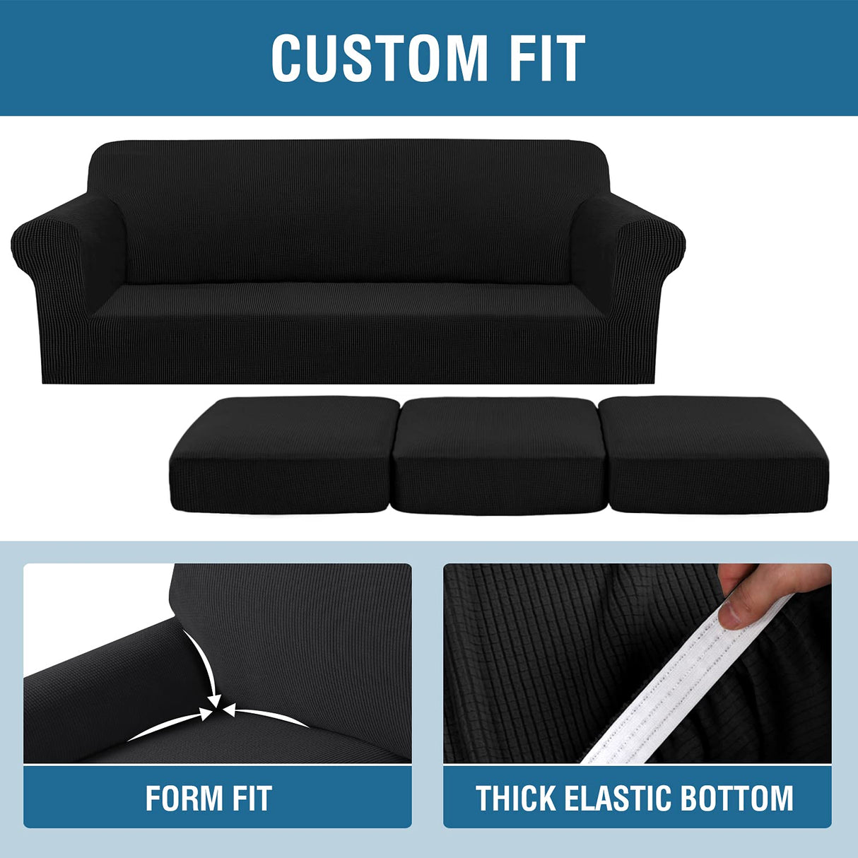 H.VERSAILTEX 4 Piece Stretch Sofa Covers for 3 Cushion Couch Covers for Living Room Furniture Slipcovers (Base Cover Plus 3 Seat Cushion Covers) Upgraded Thicker Jacquard Fabric (XL Sofa, Black)