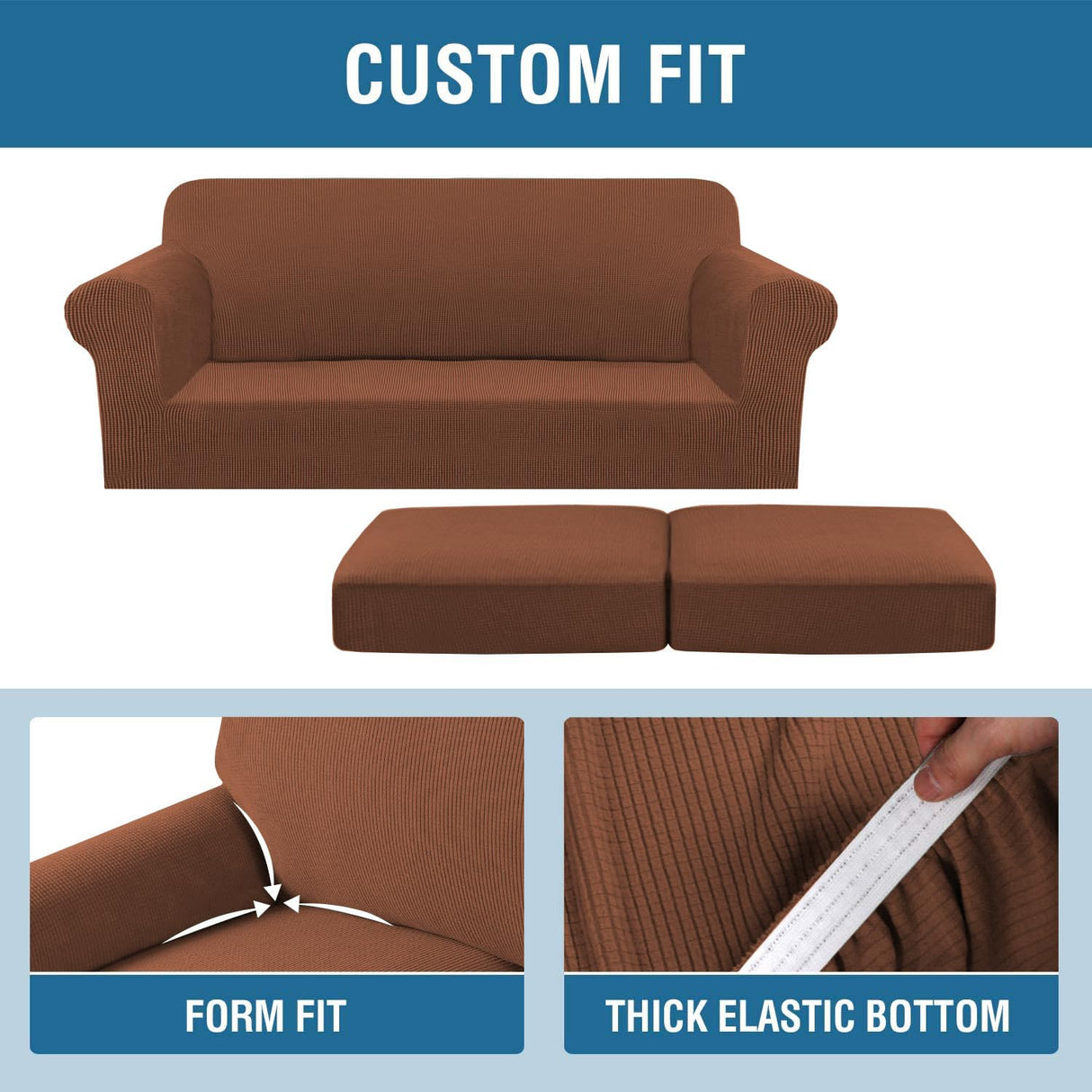 H.VERSAILTEX 3 Piece Stretch Sofa Covers for 2 Cushion Sofa Couch Covers for Living Room Sofa Slipcovers (Base Cover Plus 2 Seat Cushion Covers) Thicker Jacquard Fabric(Large Sofa, Caramel)