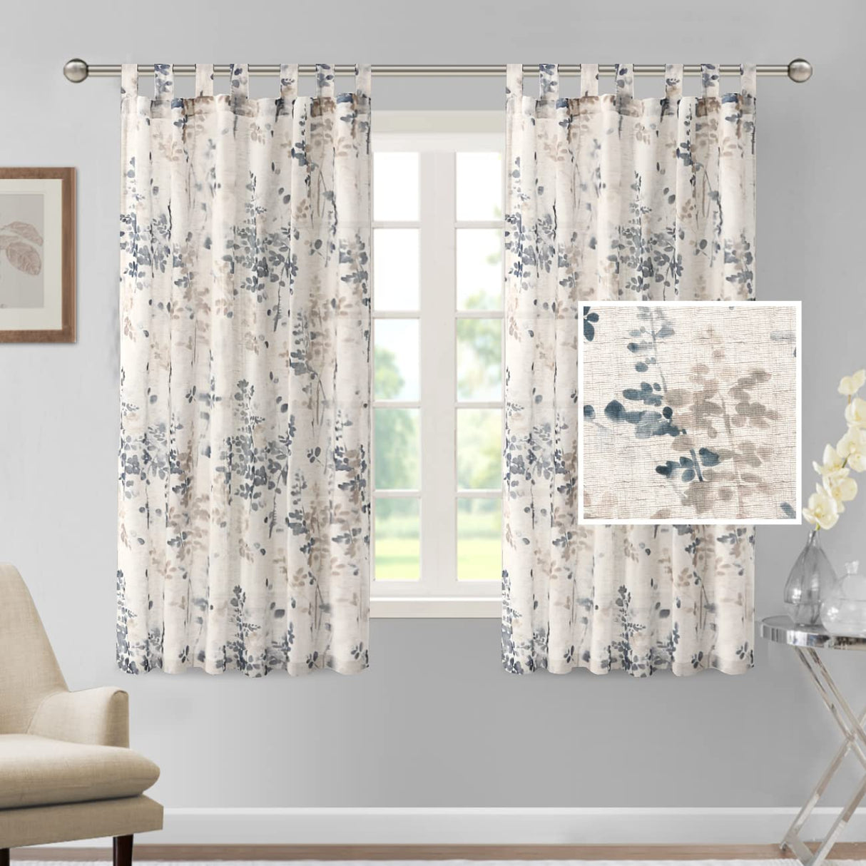 PrimeBeau Linen Sheer Tab Top Curtains Vintage Floral Print, 2 Panels