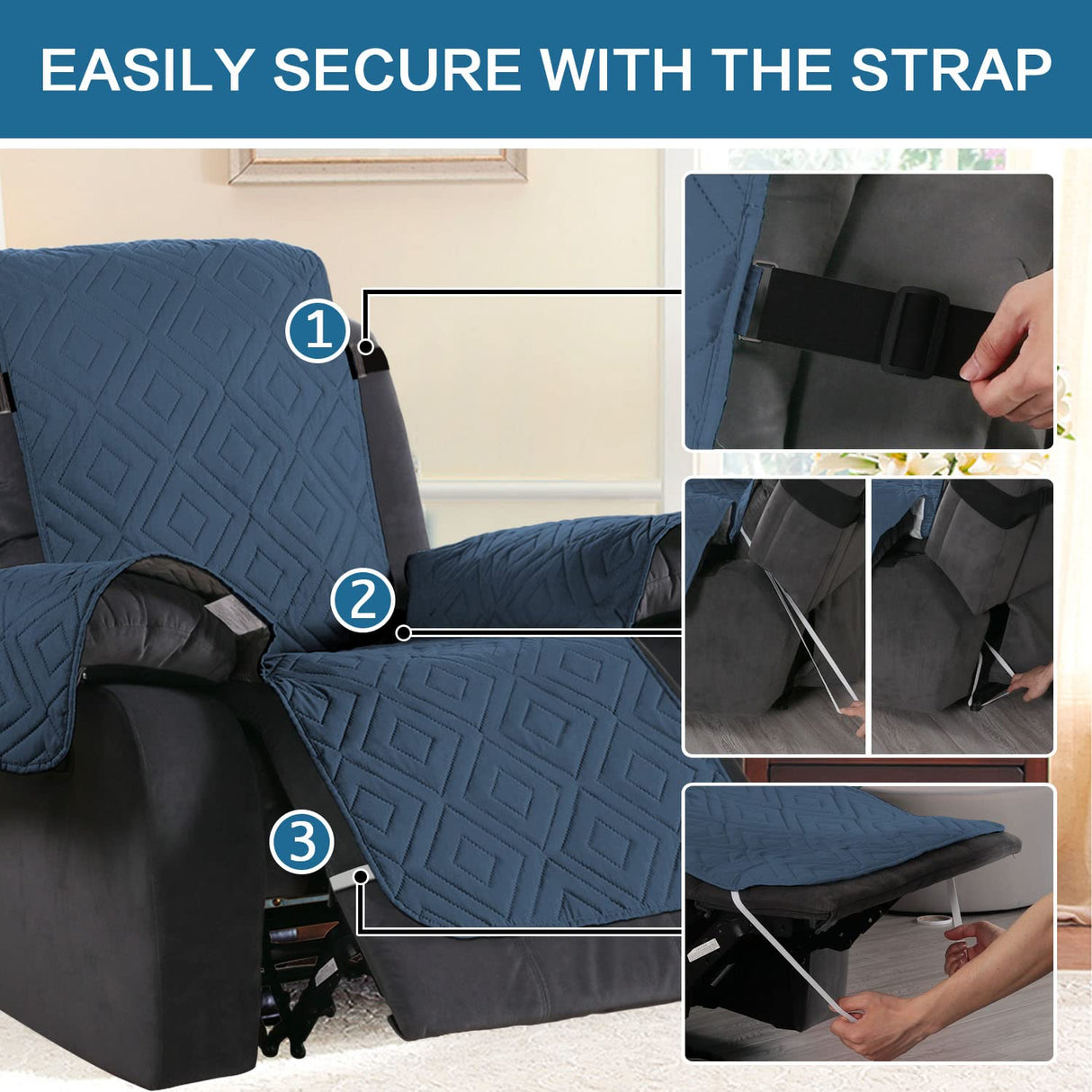 H.VERSAILTEX Reversible Quilted Recliner Covers Water Resistant Furniture Protector for Reclienr Chair with Elastic Straps for Pets Kids Sitting Width Up to 28"(Oversized Recliner, Dark Blue/Beige)