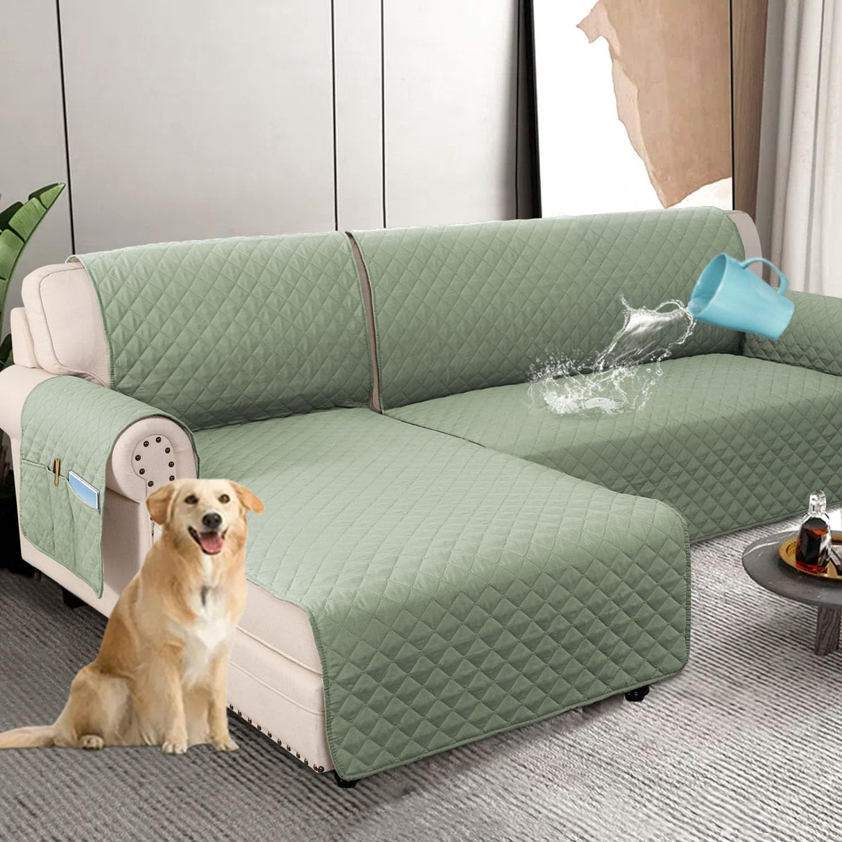 PrimeBeau 100% Waterproof Sectional Couch Covers 2-Piece Couch Cover L Shape Sofa Covers Washable for Dogs Non Slip (Loveseat）