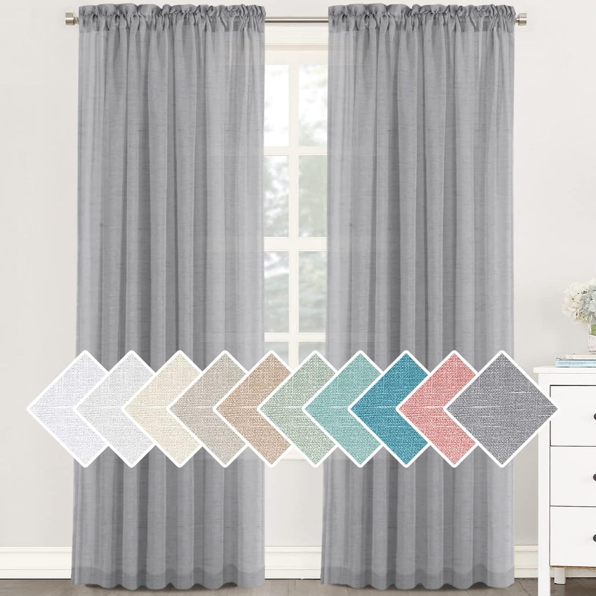 H.Versailtex Natural Linen Blended Curtains 63 Inches Length 2 Panels Textured Woven Linen Sheer Curtain Drapes for Living Room/Bedroom Light Filtering Rod Pocket Casual Draperies - Linen