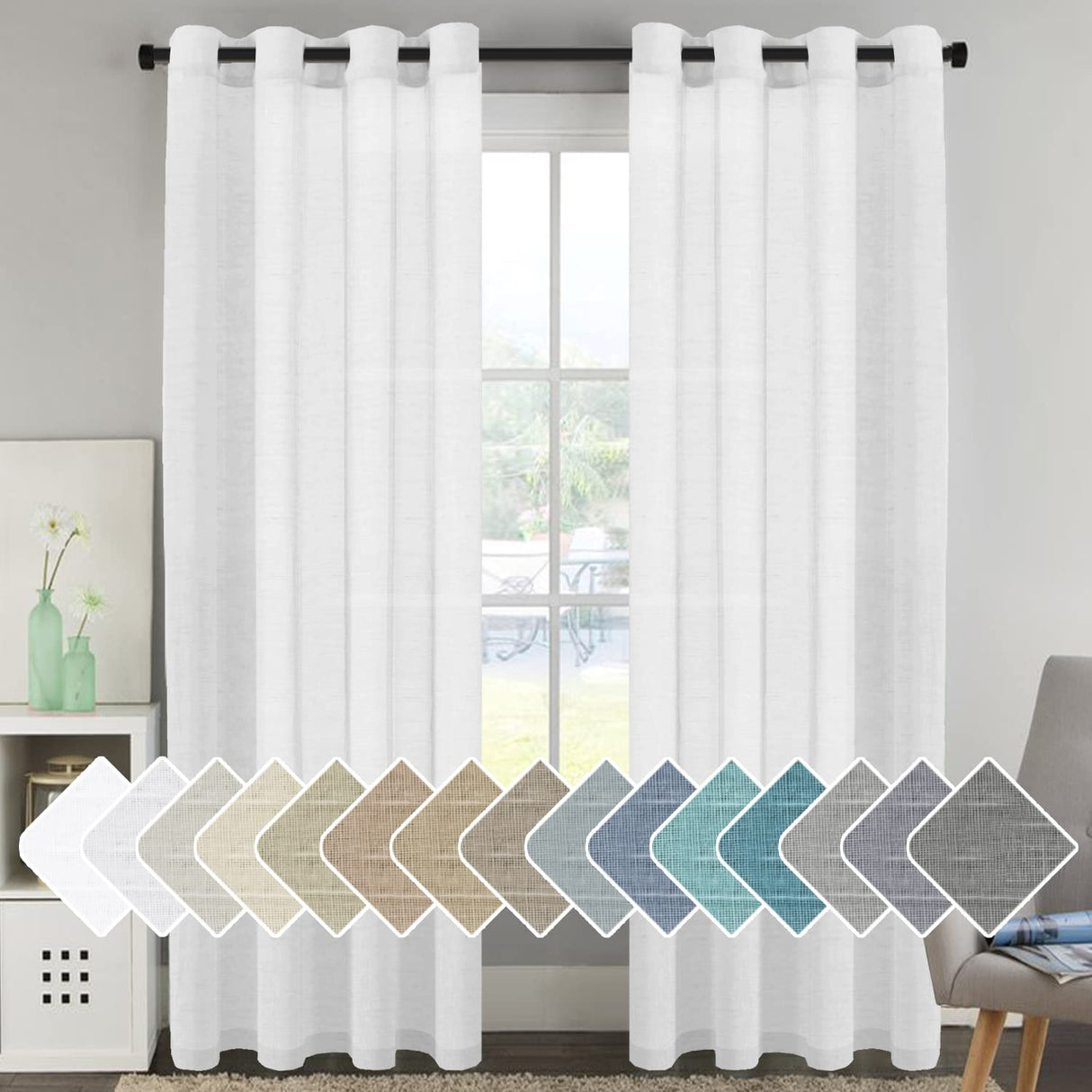 PrimeBeau Faux Linen Grommet Sheer Curtains - Set of 2 Panels 52 Series Long