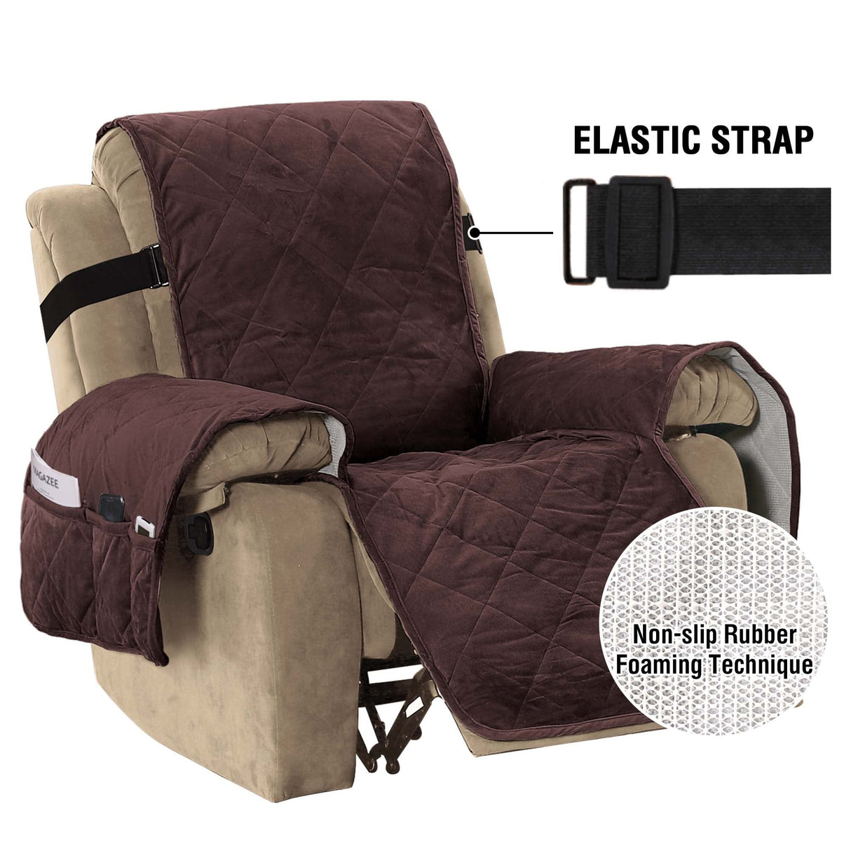 H.VERSAILTEX Thick Velvet Quilted Recliner Covers for Recliner Chair Covers Reclining Chair Slipcover Recliner Couch Cover with Non Slip Backing and Wider Elastic Strap (Oversaized Recliner, Brown)