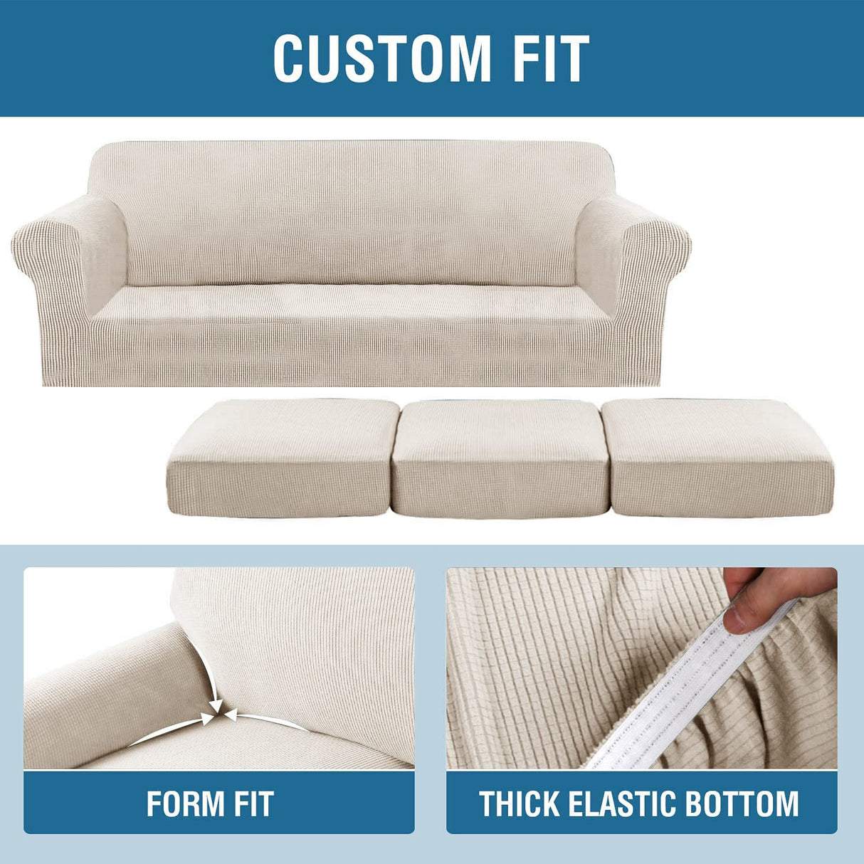 H.VERSAILTEX 4 Piece Stretch Sofa Covers for 3 Cushion Couch Covers for Living Room Furniture Slipcovers (Base Cover Plus 3 Seat Cushion Covers) Thicker Jacquard Fabric (XL Sofa, Island Fossi)