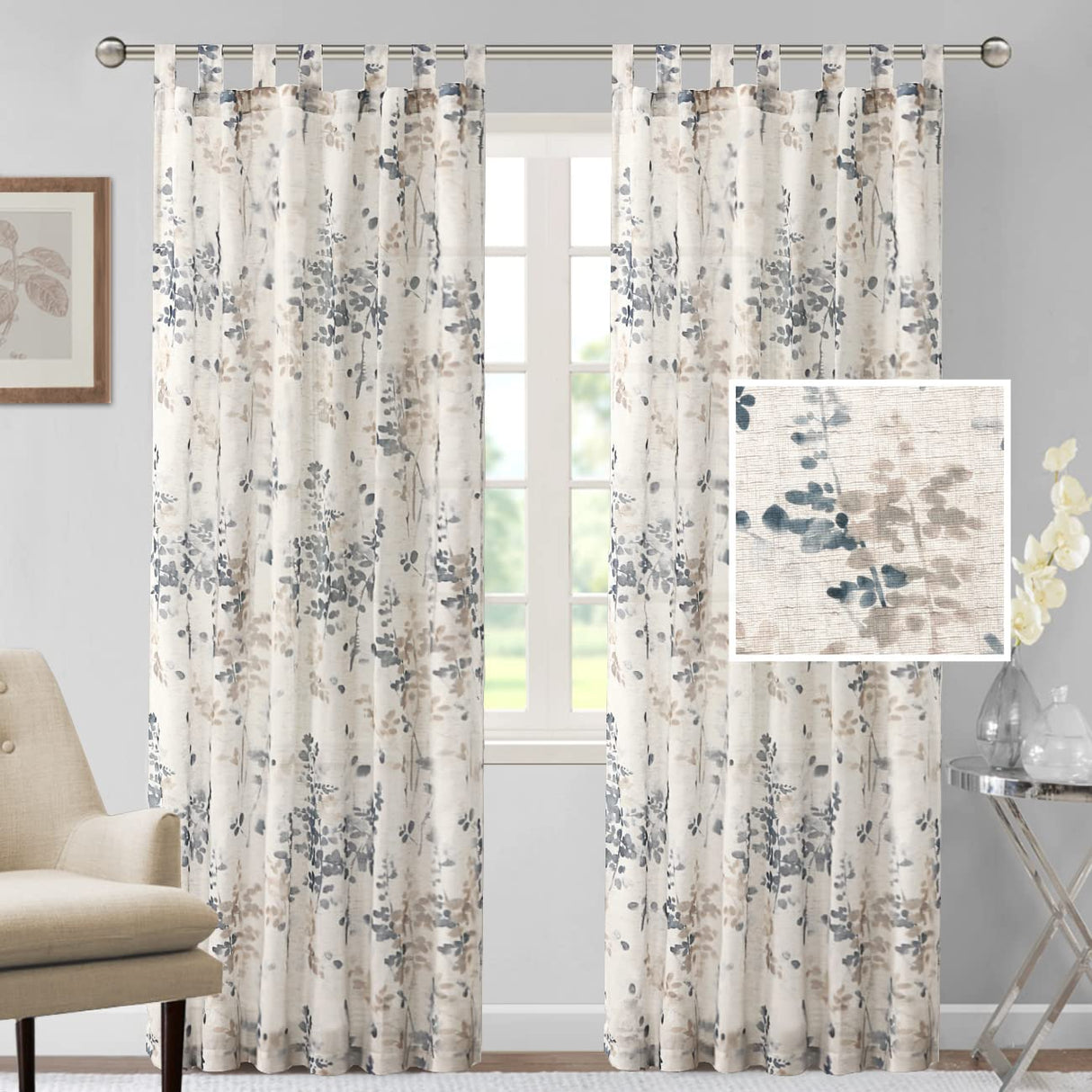 PrimeBeau Linen Sheer Tab Top Curtains Vintage Floral Print, 2 Panels