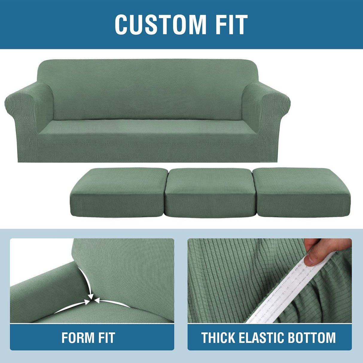 H.VERSAILTEX 4 Piece Stretch Sofa Covers for 3 Cushion Couch Covers for Living Room Furniture Slipcovers (Base Cover Plus 3 Seat Cushion Covers) Upgraded Thicker Jacquard Fabric (Sofa, Loden Frost)