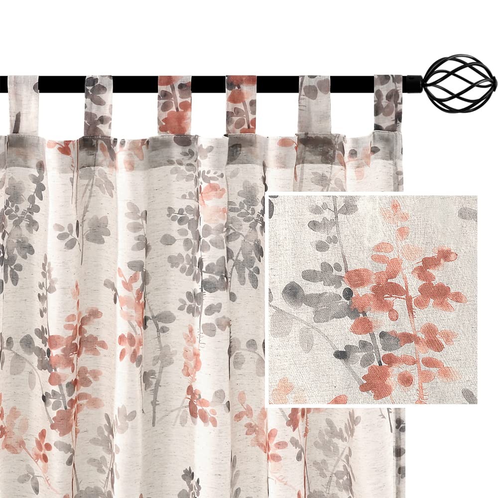 PrimeBeau Linen Sheer Tab Top Curtains Vintage Floral Print, 2 Panels