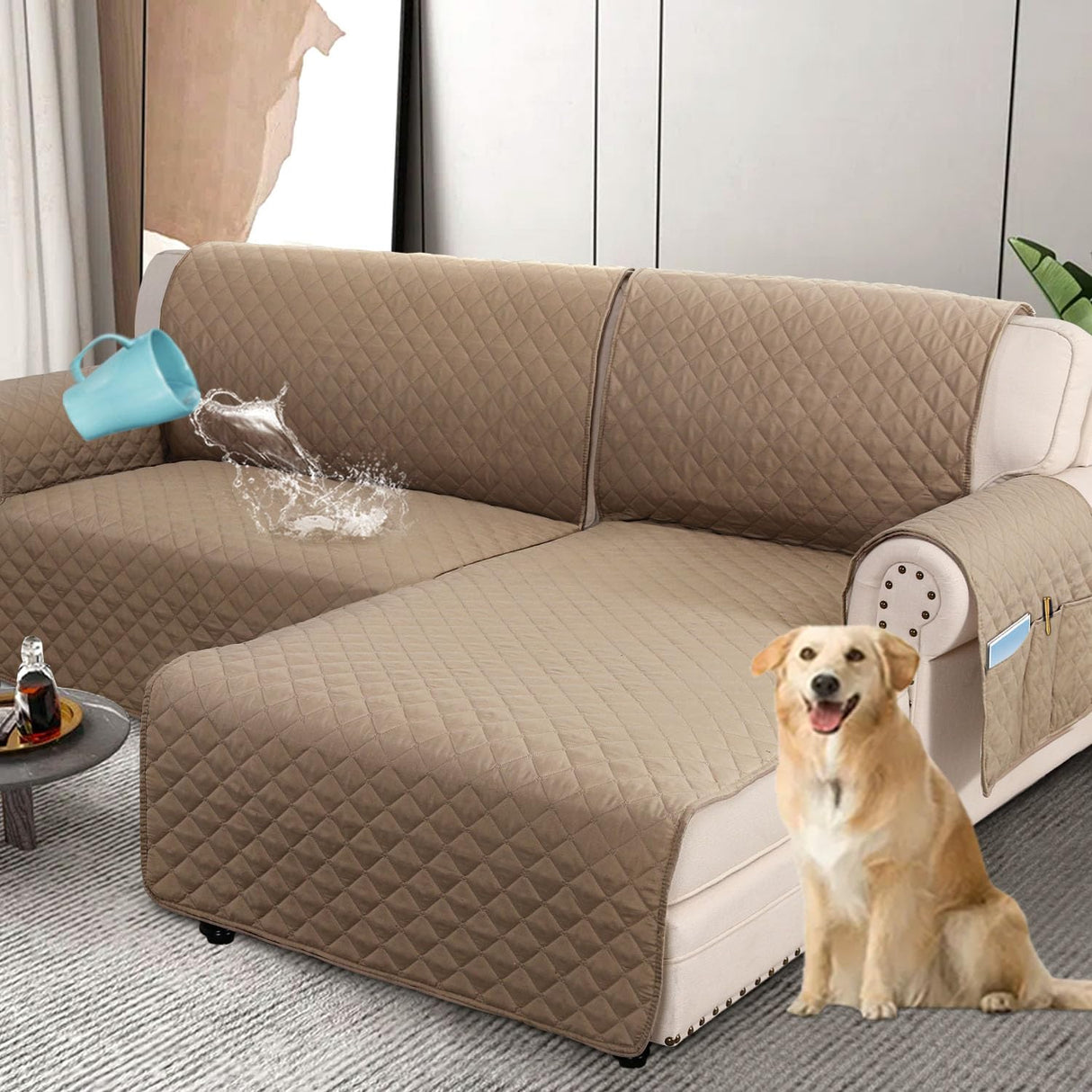 PrimeBeau 100% Waterproof Sectional Couch Covers 2-Piece Couch Cover L Shape Sofa Covers Washable for Dogs Non Slip (Loveseat）