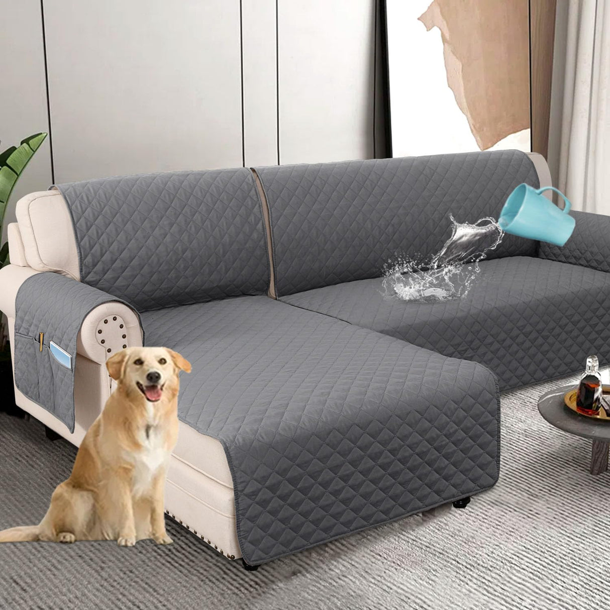 PrimeBeau 100% Waterproof Sectional Couch Covers 2-Piece Couch Cover L Shape Sofa Covers Washable for Dogs Non Slip (Loveseat）