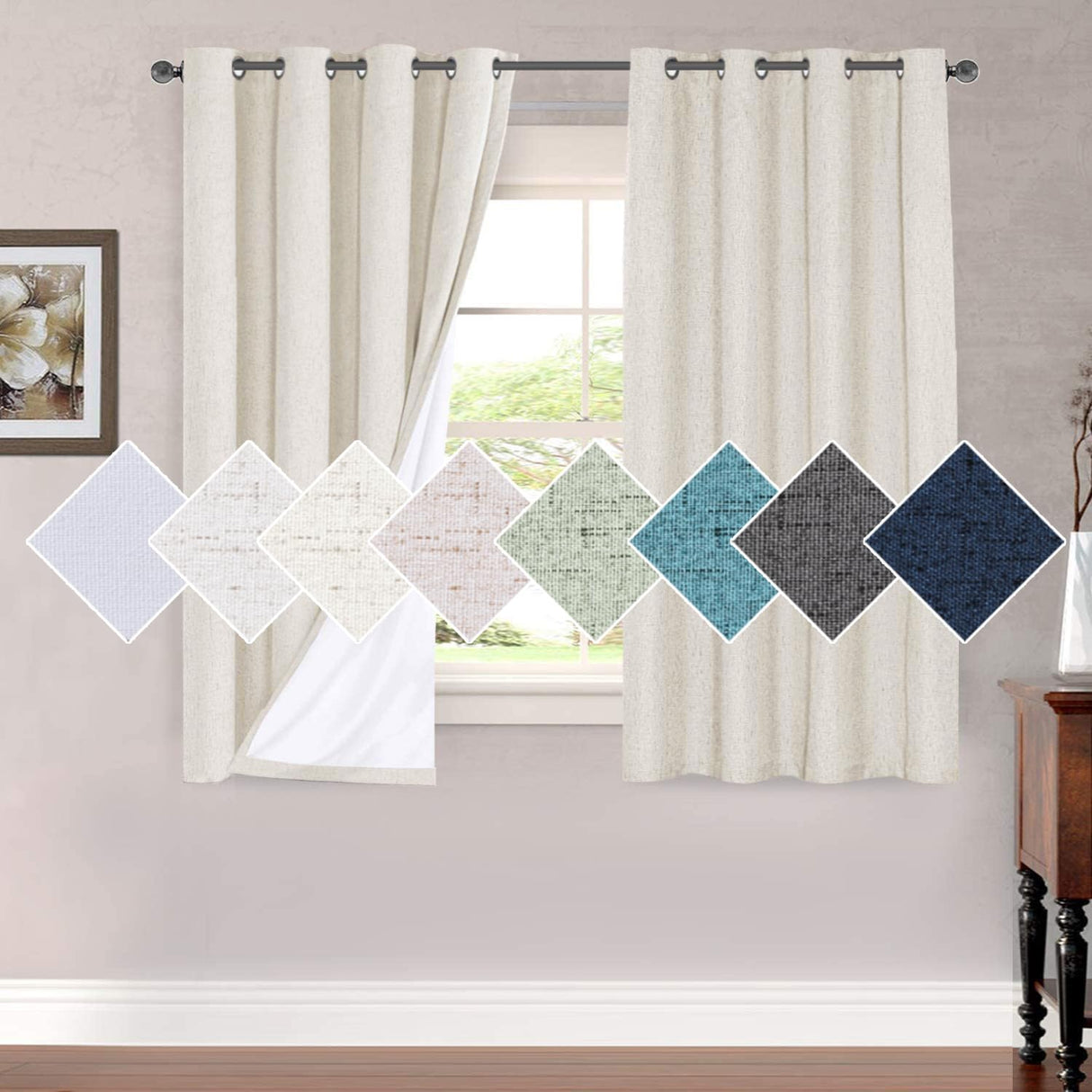 H.VERSAILTEX 100% Blackout Curtains for Bedroom Thermal Insulated Linen Textured Curtains Heat and Full Light Blocking Drapes Living Room Curtains 2 Panel Sets, 52x63 - Inch, Antique White