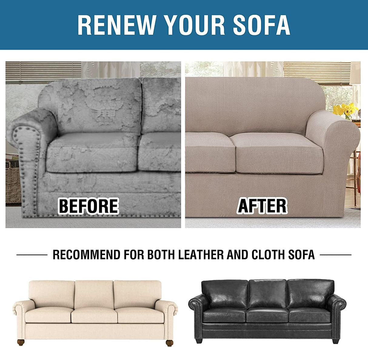 H.VERSAILTEX Stretch Sofa Covers for Cushion Couch Covers for Living Furniture Slipcovers (Base Cover Plus Seat Cushion Covers) Feature Upgraded Thicker Jacquard Fabric